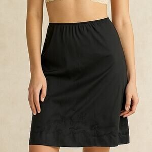 Vintage 60s Black Satin Half Slip Floral Embroidered Lingerie Skirt S